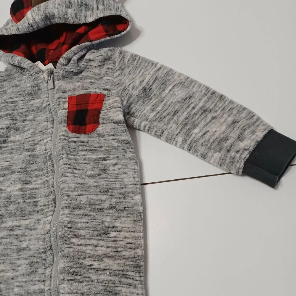 Cat & Jack Baby 12M‎ Romper Gray Heathered Stretch Buffalo Plaid Ears Horns Zip